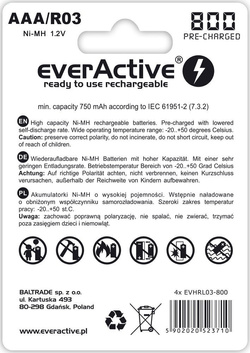 Akumulatorki everActive R03/AAA Ni-MH 800 mAh ready to use - 4 sztuki