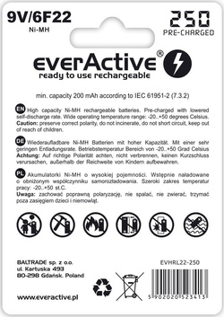 Akumulatorek everActive 6F22/9V Ni-MH 250 mAh ready to use