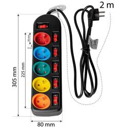 Przedłużacz 2M 5GN+0 10A czarny / kolorowe gniazda VA0259 Vayox